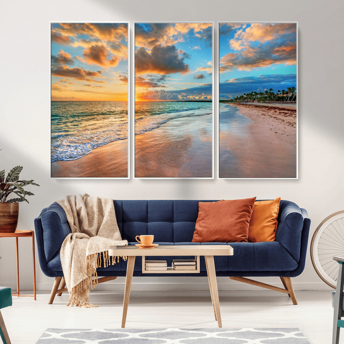 Sunset Ocean Waves on Tropical Beach, 3-Panel Giclee Canvas