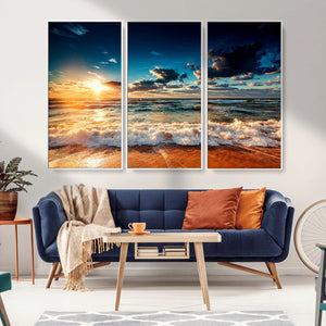 Golden Hour Sunset Over Ocean Waves Wall Art Canvas Print |