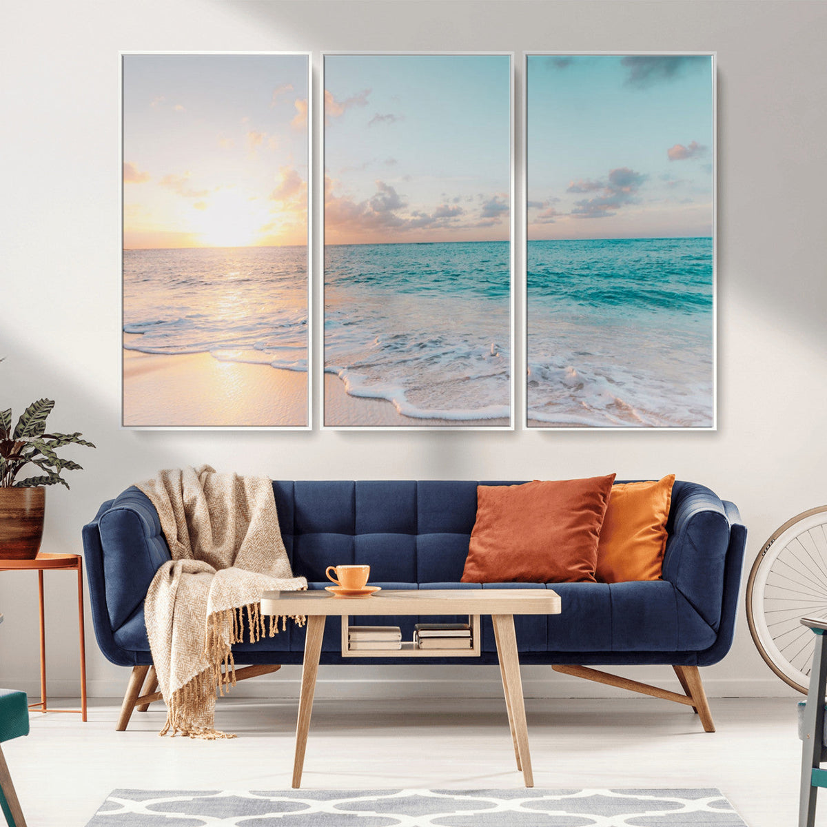 Tranquil Ocean Beach Sunset Canvas Wall Art | 3-Panel