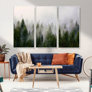 Misty Pine Forest Wall Art Canvas Print | 3 Panel Green