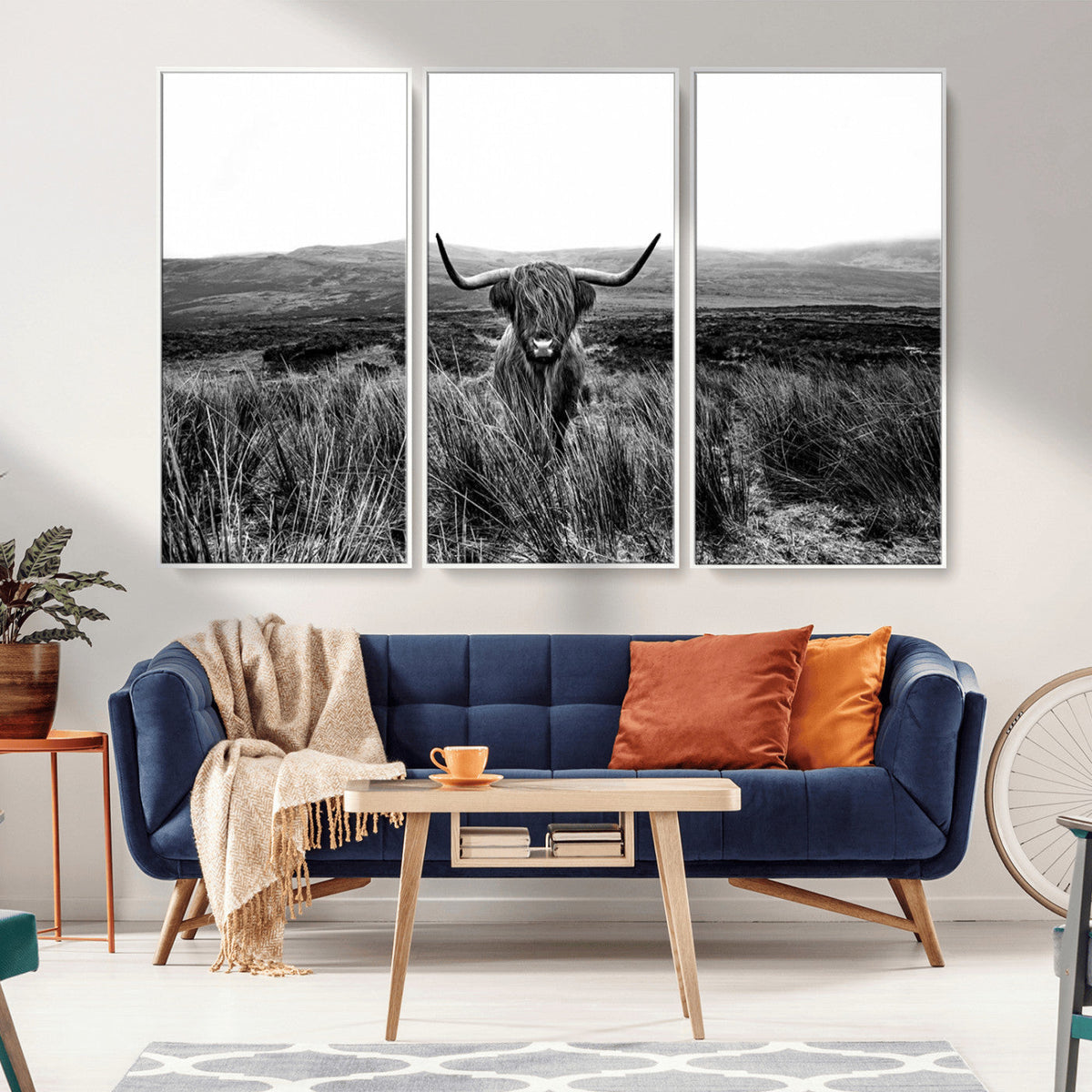 Black and White Highland Cow Canvas Wall Art, Longhorn