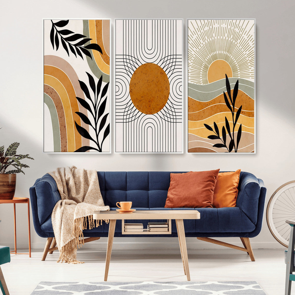 Modern Boho Sun and Leaf Abstract Art – 3-Panel Giclée