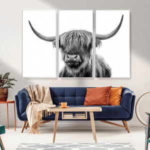 Grayscale Scottish Highland Cow Cattle Art Print Farmhouse
