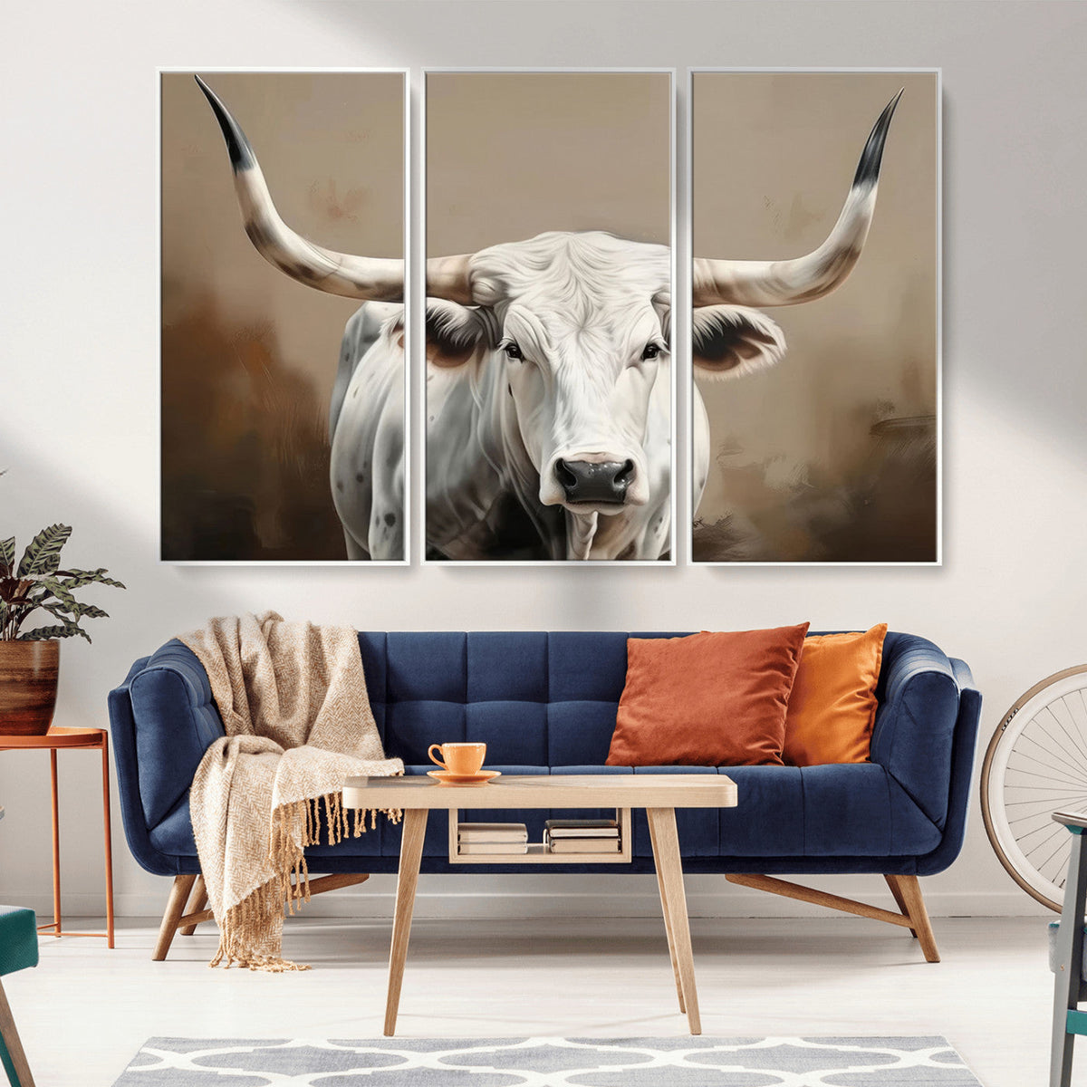 White Longhorn Bull Wall Art Canvas Print – Framed and Ready