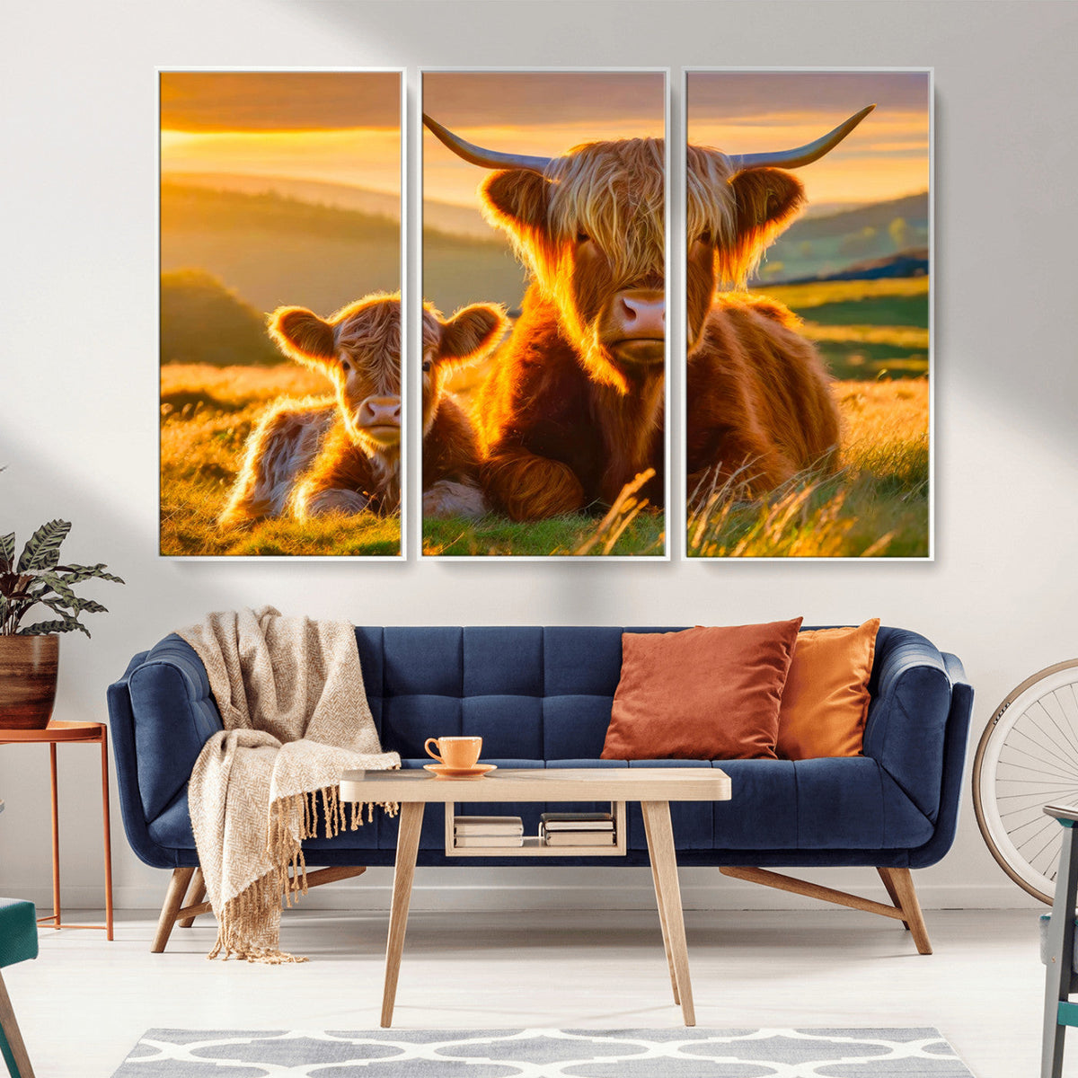 Scottish Cow and Baby Cow Canvas Wall Art Animal Print