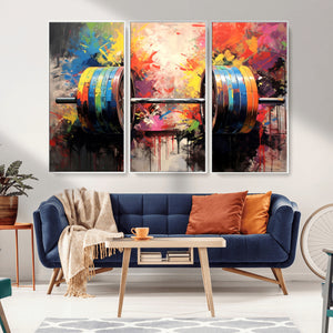 Weightlifting Barbell Art Triptych, Bold Abstract Fitness