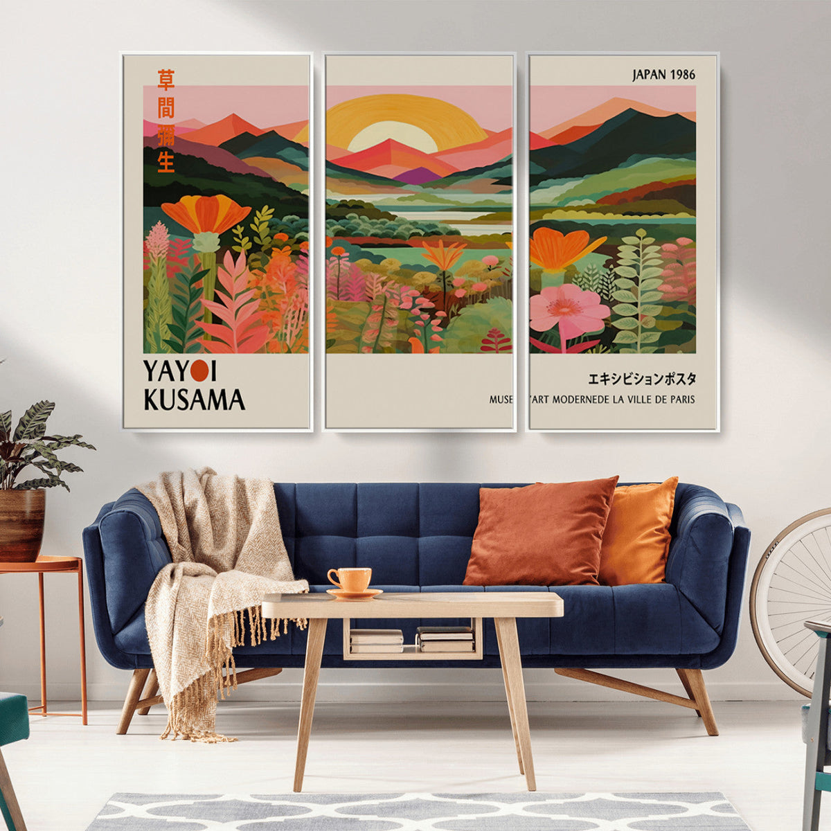 Framed Yayoi Kusama Print, Vibrant Floral Mountain Art