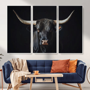 Majestic Longhorn Bull Wall Art Canvas Print – Dark