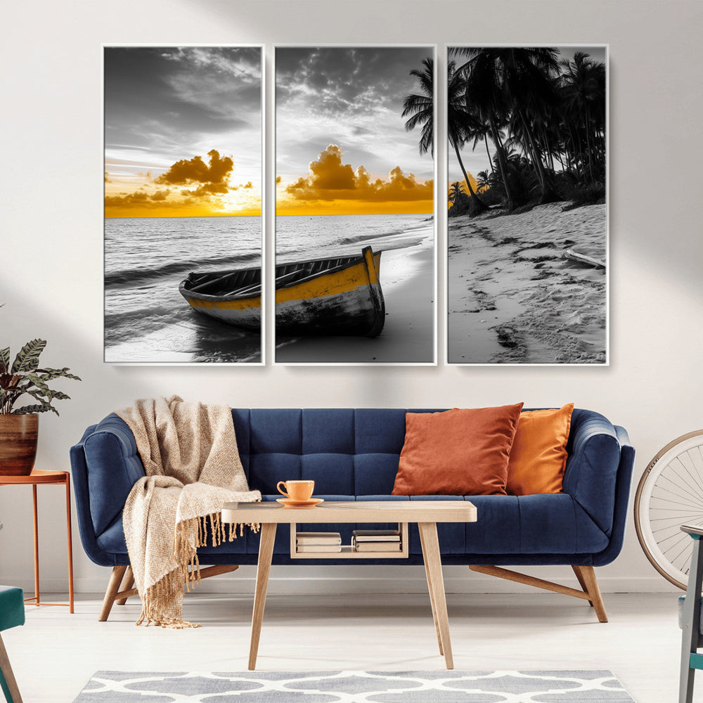 Yellow Rowboat Wall Art – Framed Tropical Shoreline Canvas