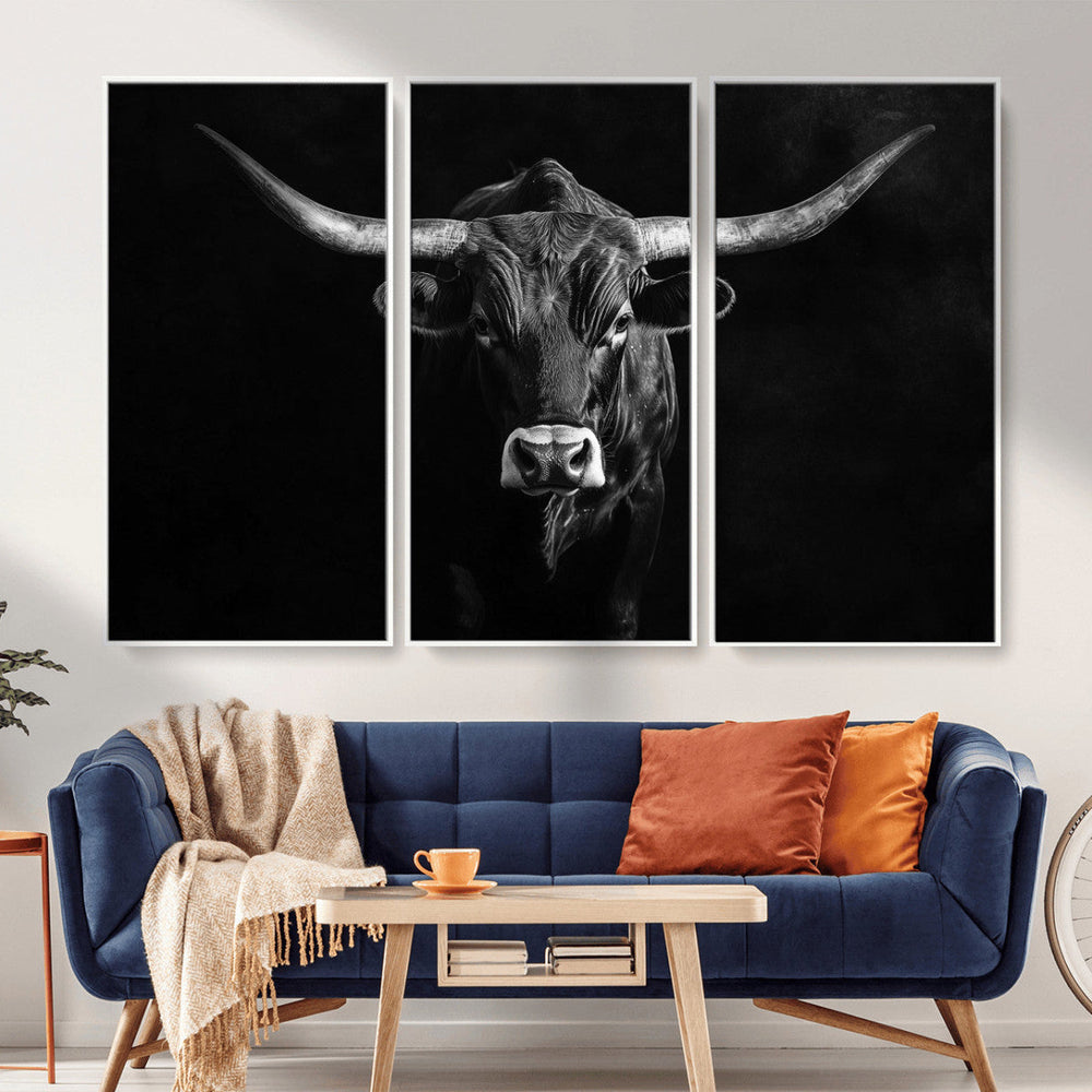 Texas Longhorn Wall Art Canvas Print – Framed Monochrome