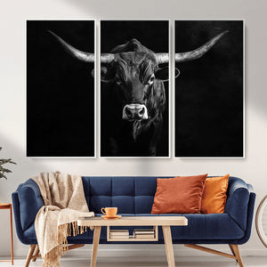 Texas Longhorn Wall Art Canvas Print – Framed Monochrome