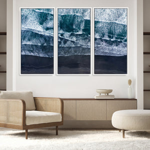 Black Beach Wall Art Canvas Print – Framed Aerial Ocean View