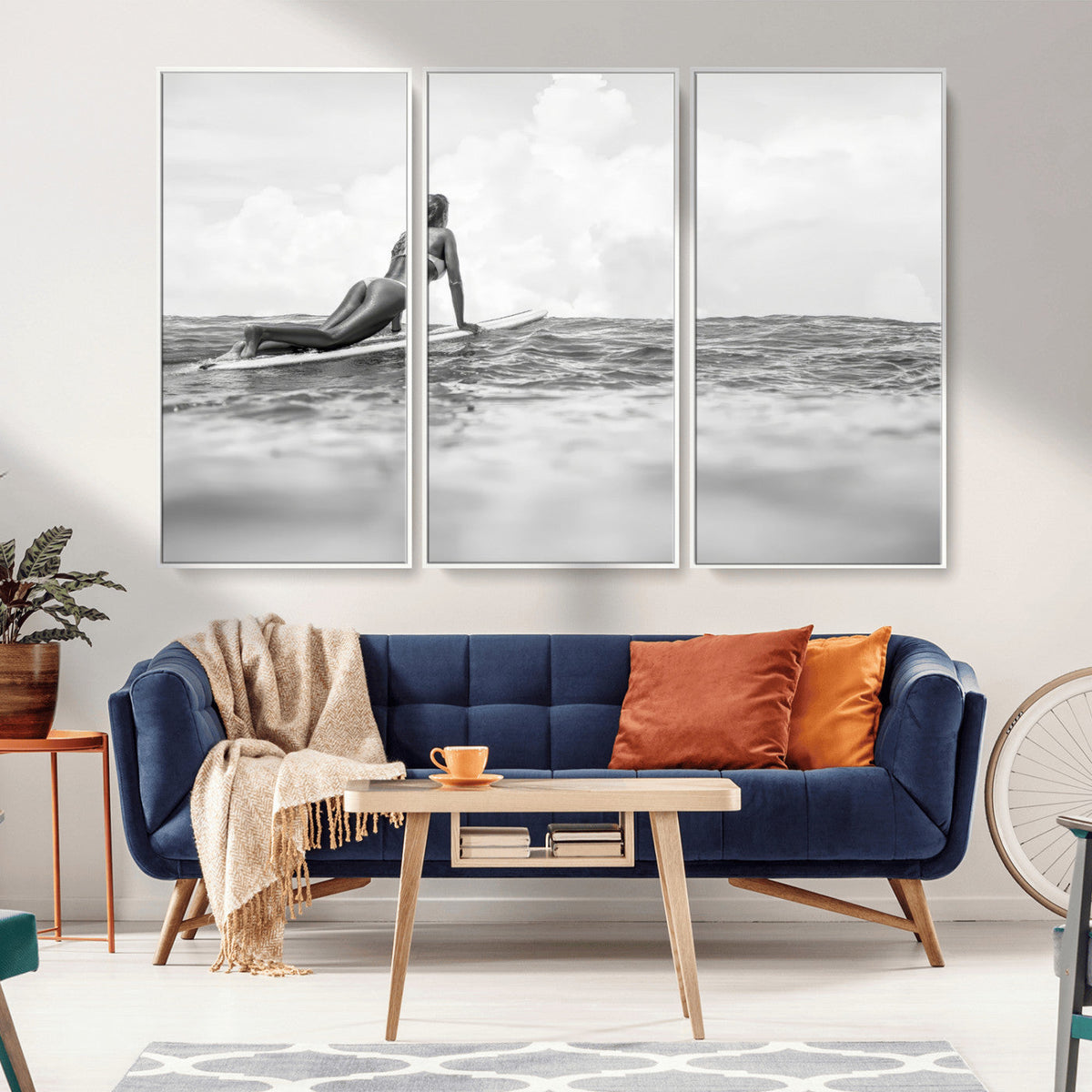 Black and White Surfing Wall Art Canvas Print – Framed Ocean