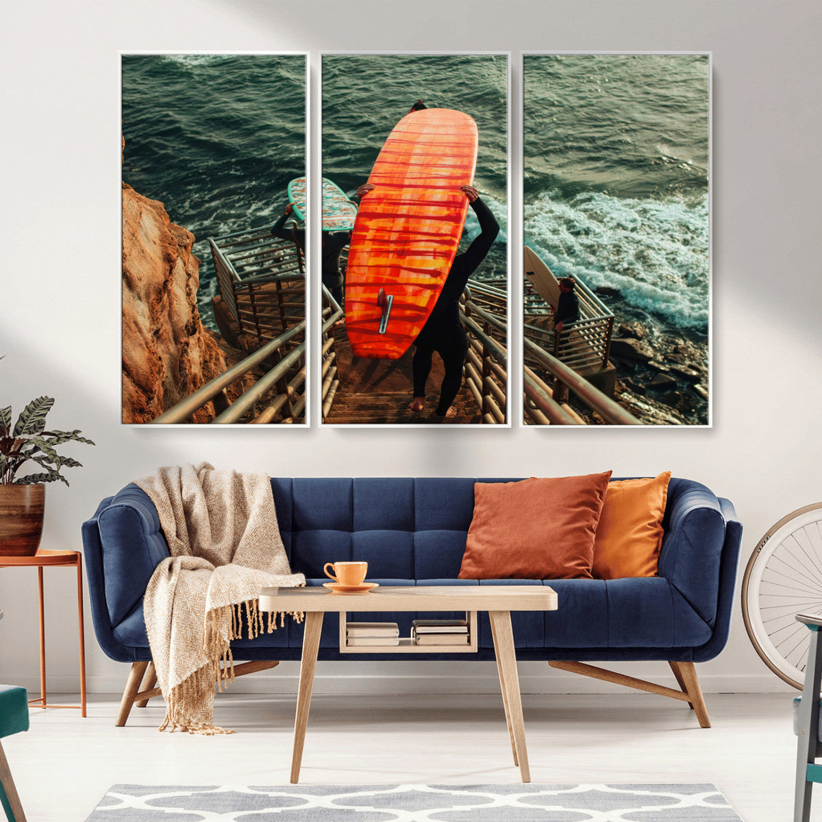 Surfer Stairway Wall Art – Framed Ocean Surf Canvas Artwork,
