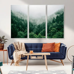 Misty Green Forest Canvas Print – Framed Serene Foggy Pine