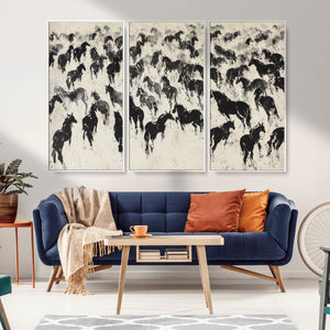 Wild Horse Stampede Wall Art Canvas Print – Monochrome