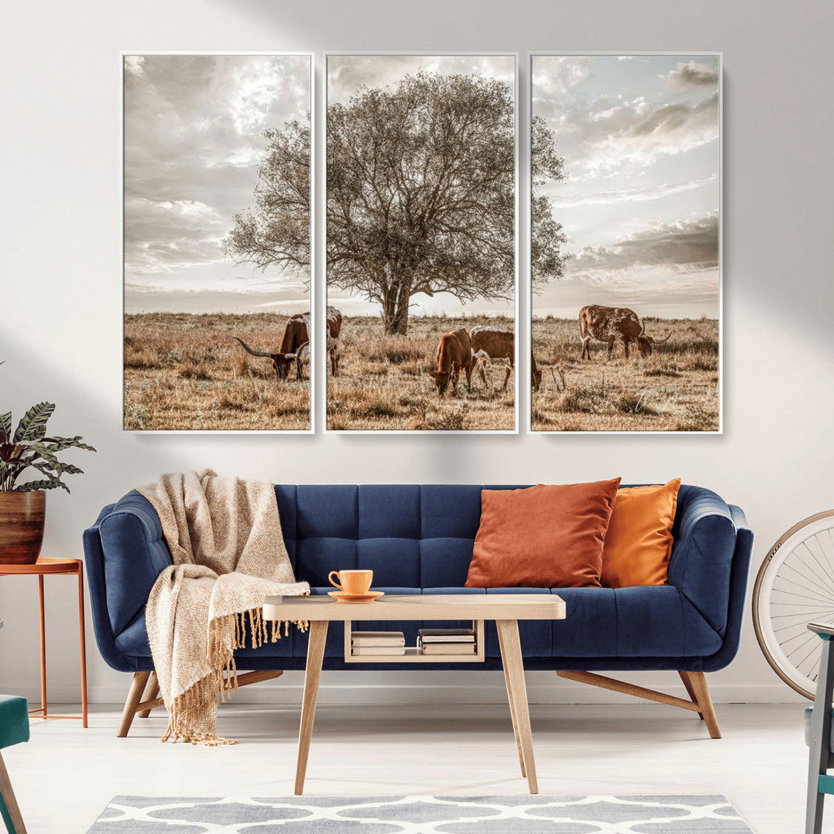 Texas Longhorn Cattle Wall Art, Rustic Western Ranch Canvas