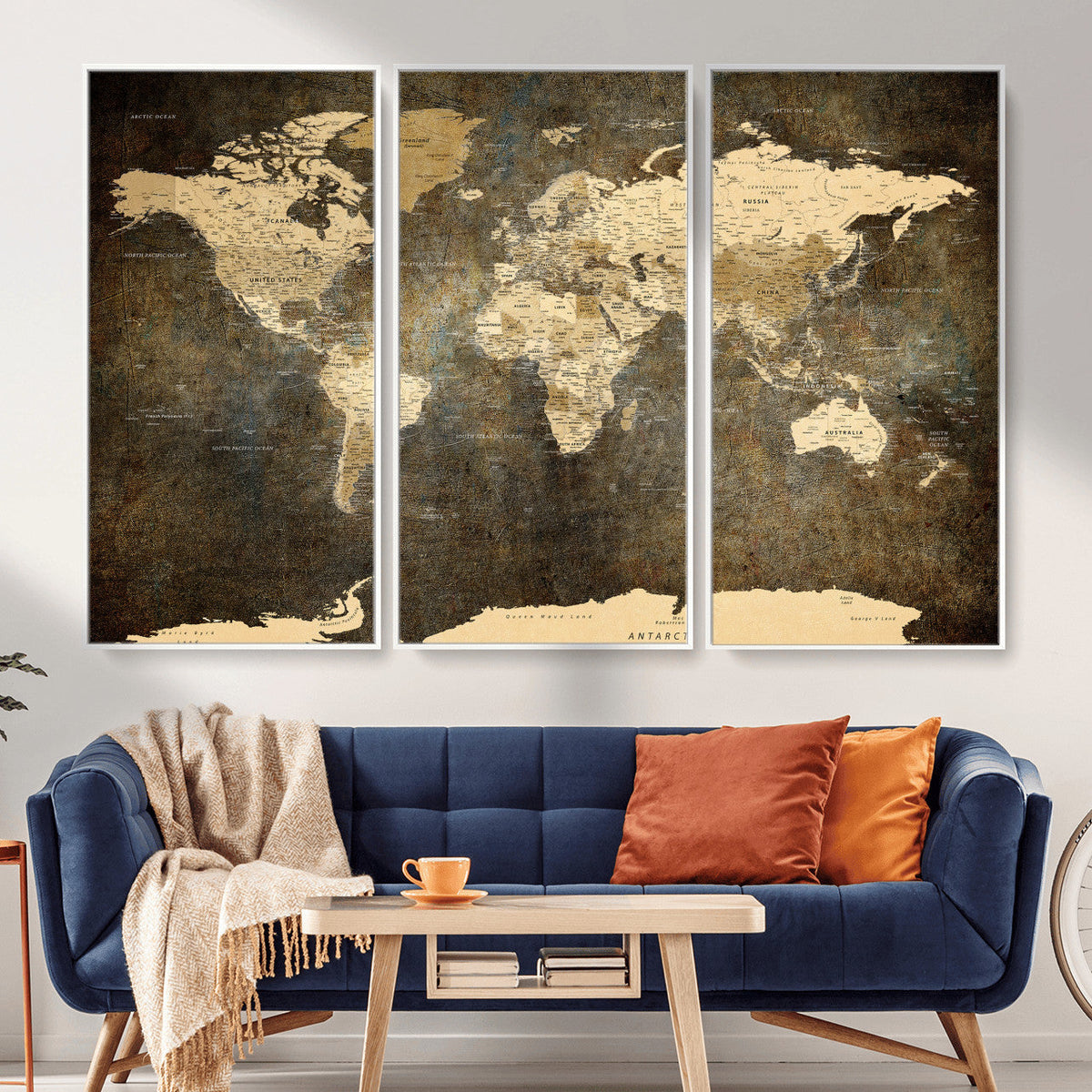 Large Framed Vintage World Map Wall Art Print for Home Wall