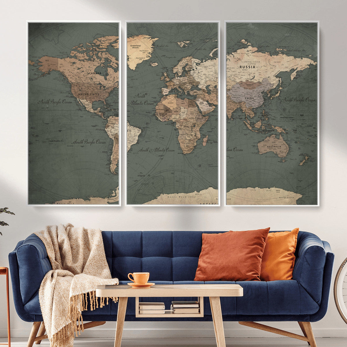 Rustic Black and Wood World Map Canvas Wall Art – Framed