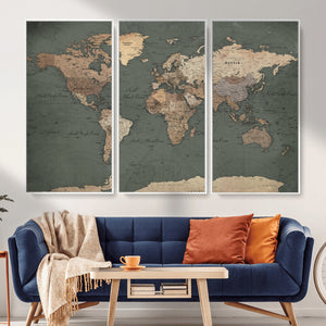 Rustic Black and Wood World Map Canvas Wall Art – Framed