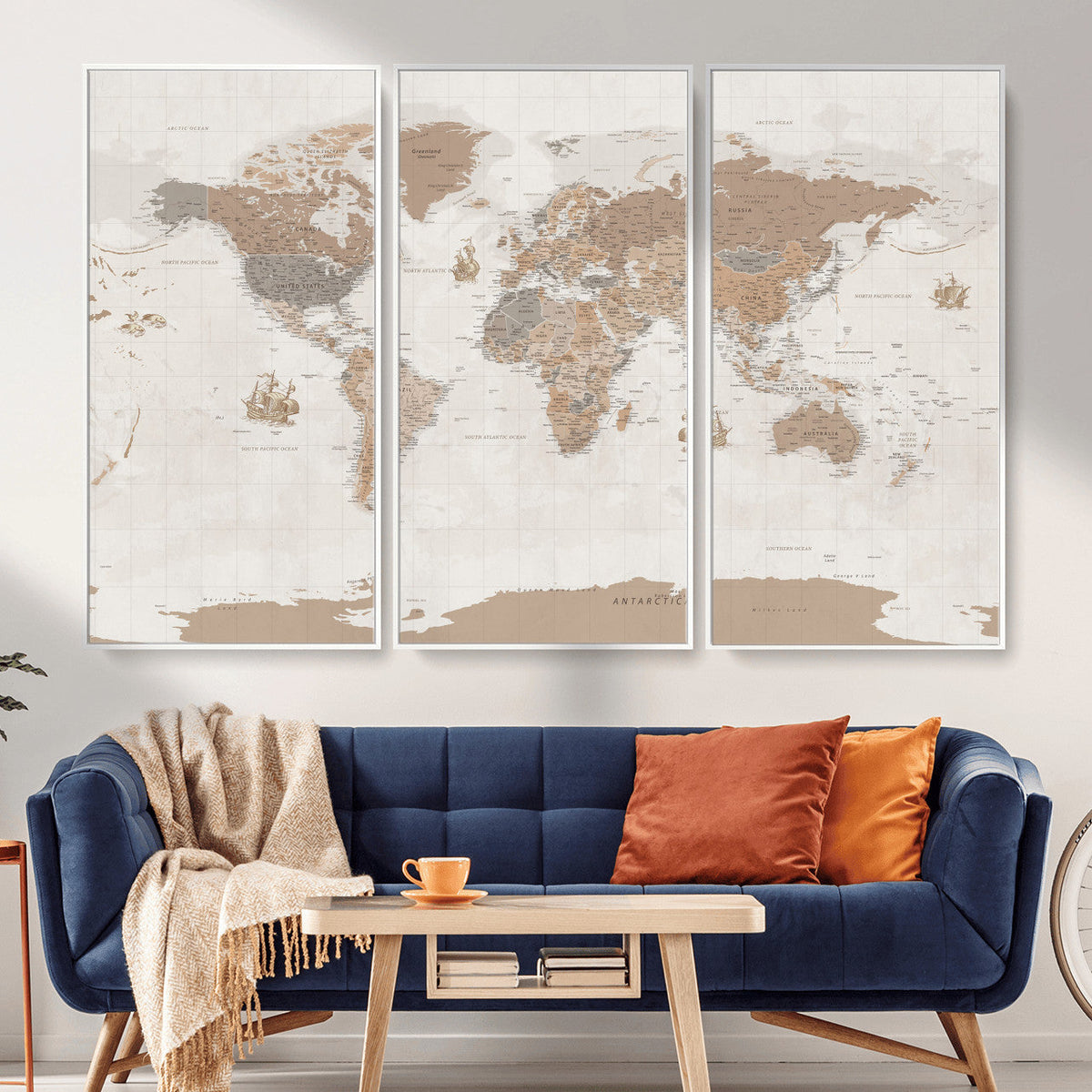 Framed Large World Map Canvas Print for Office Decor