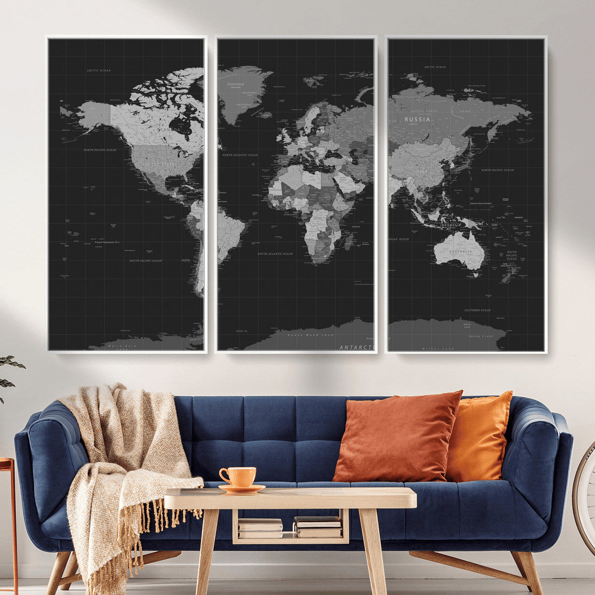 Black World Map Wall Art Canvas Print – Detailed Map of the