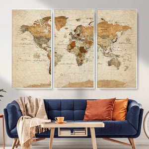 Rustic Vintage World Map Canvas Print – Framed Modern
