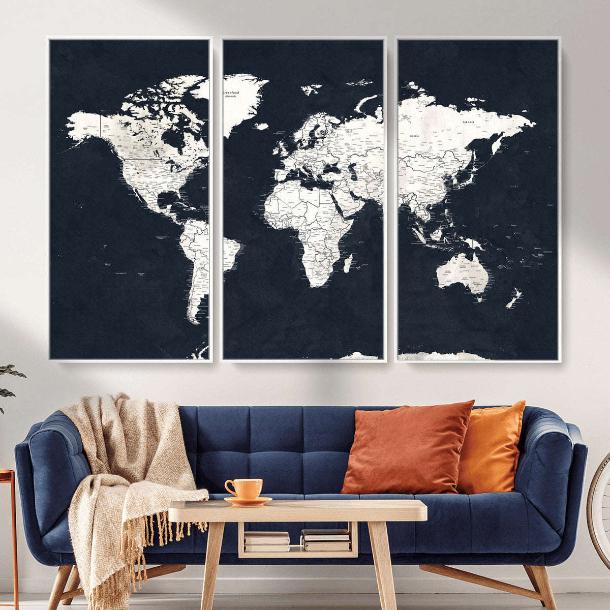 Black World Map Wall Art Canvas Print for Home Office and