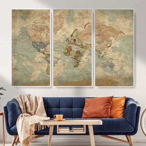World Map Wall Art Canvas Print, Rustic Map Print, Framed