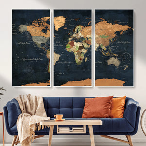 Vintage World Map Canvas Wall Art – Detailed Map with