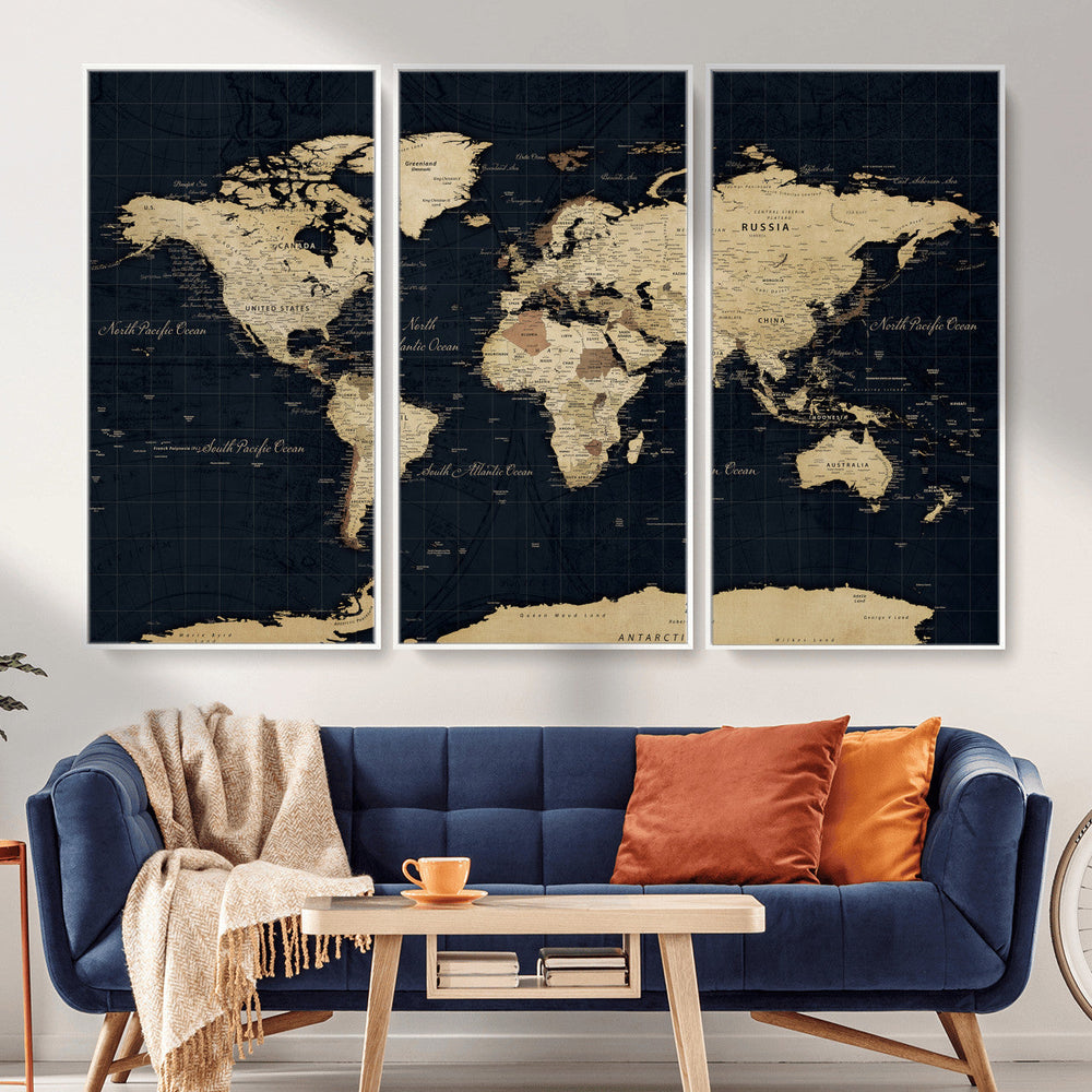 Dark World Map Canvas Wall Art Print, Minimal Black and Gold