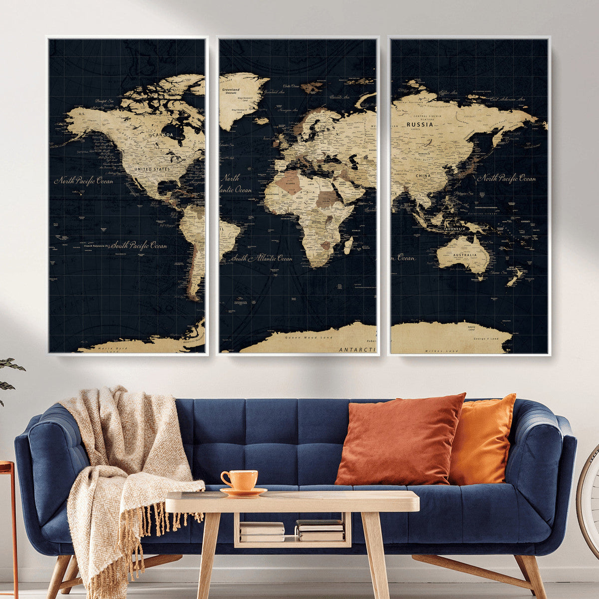 Dark World Map Canvas Wall Art Print, Minimal Black and Gold