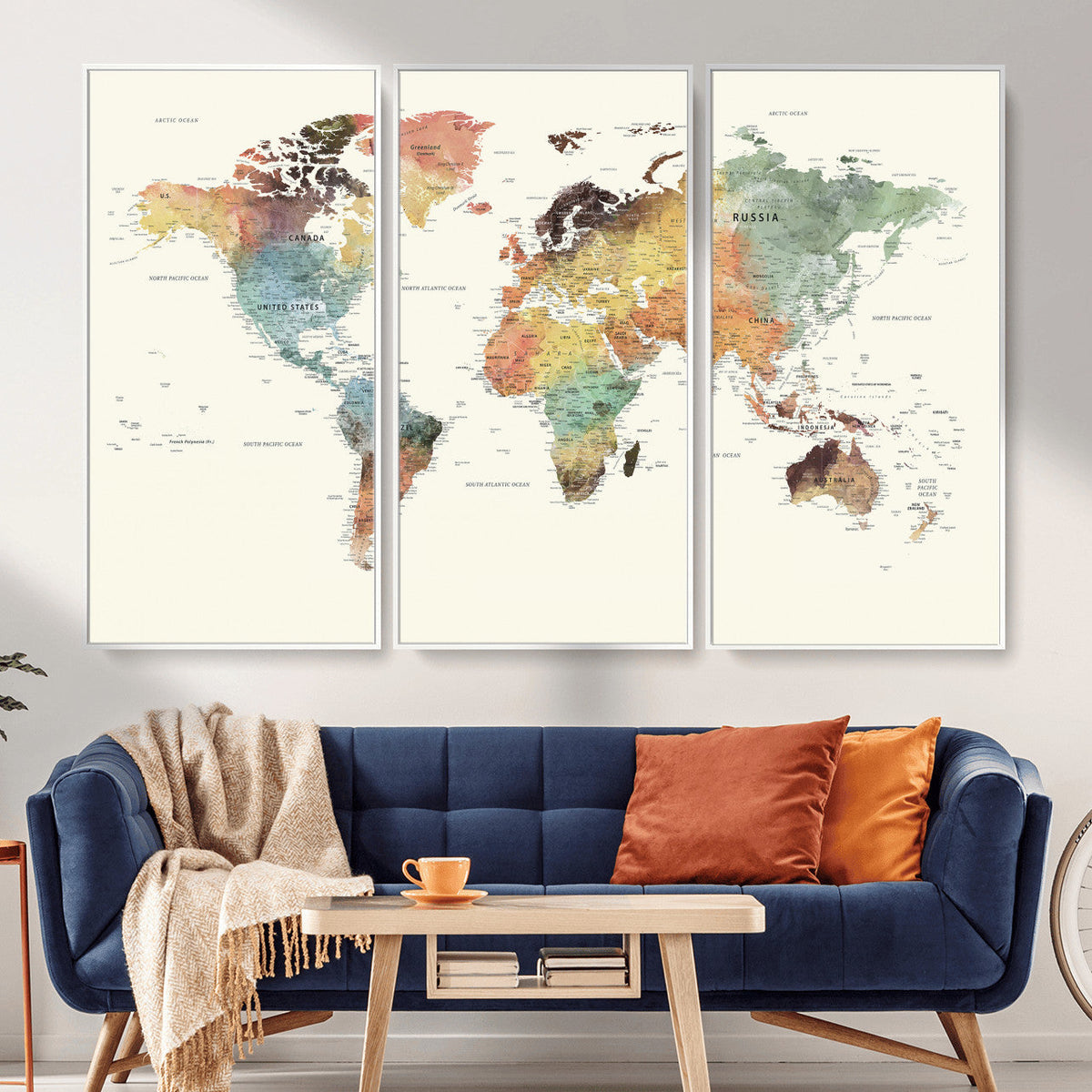 Framed World Map Wall Art Canvas Print for Living Room and