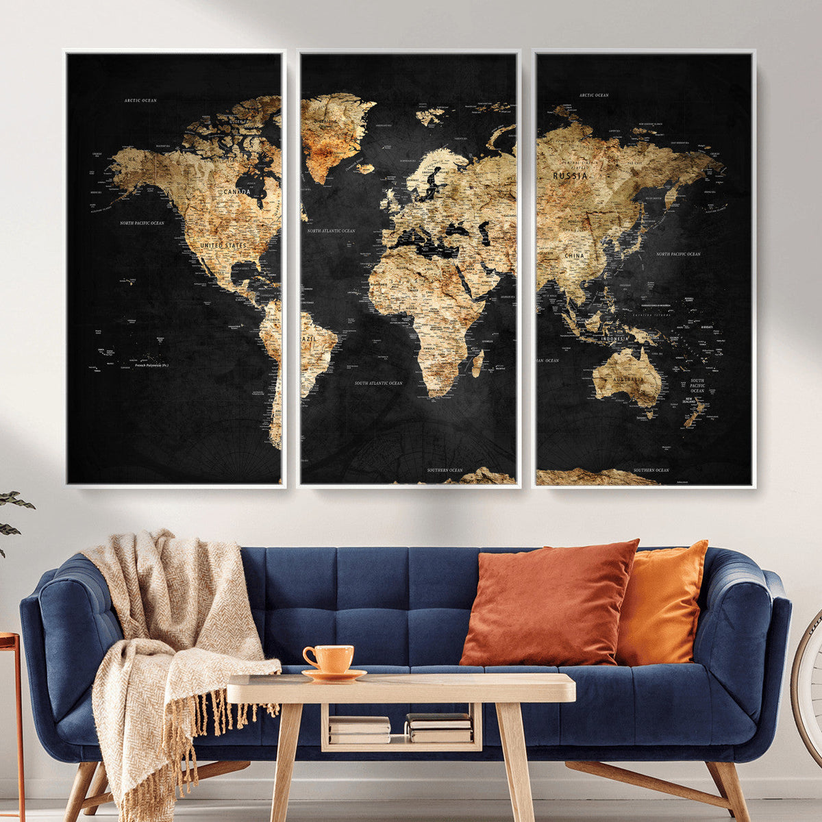 World Map Canvas Wall Art with Famous Landmarks – Framed