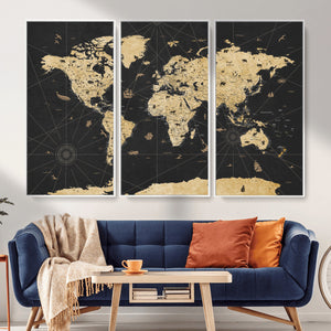 Vintage Blue and Brown World Map Canvas Wall Art – Framed