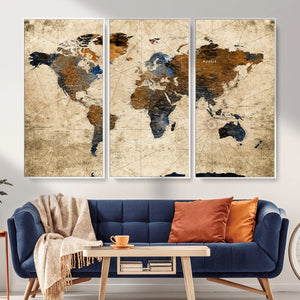 World Map Wall Art Canvas Print, Modern Decorative Framed