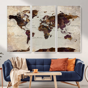 World Map Canvas Triptych – Colorful Global Wall Art for