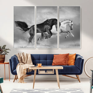Wild Horses Wall Art Canvas Print – Framed Black and White