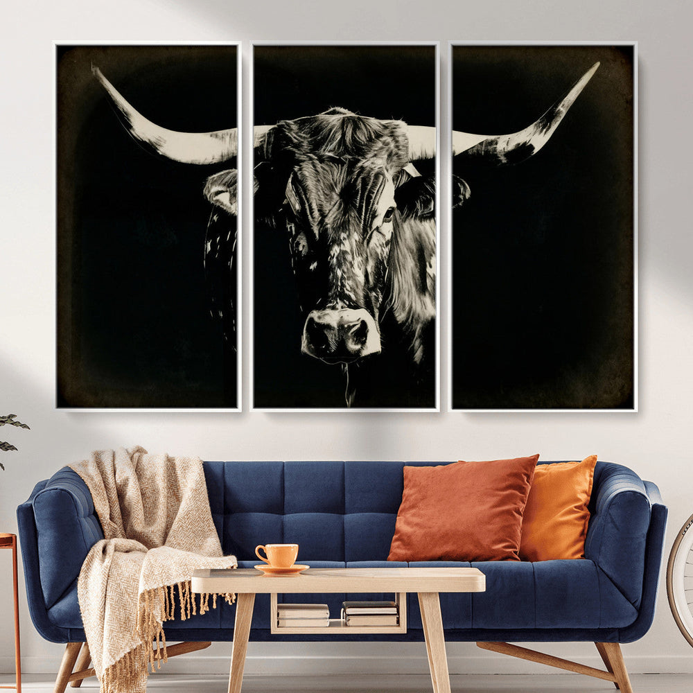 Black Bull Wall Art Canvas Print, Texas Longhorn Portrait