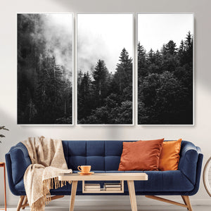 Black White Forest Wall Art Canvas Print, Misty Pine Tree