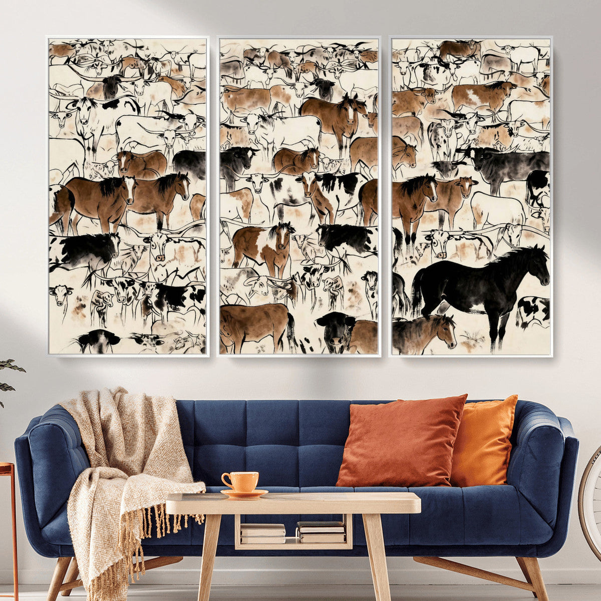 Farmhouse Animals Horse Longhorn Cow Wall Art Canvas Print -