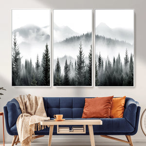 Misty Pine Forest Mountain Landscape Wall Art Canvas Print