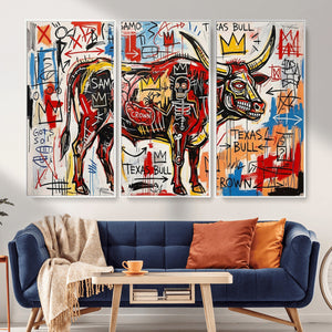 Texas Bull Wall Art Canvas Print, Abstract Graffiti Bull