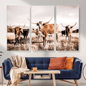 Texas Longhorn Cattle Wall Art Canvas Print, Sepia Western