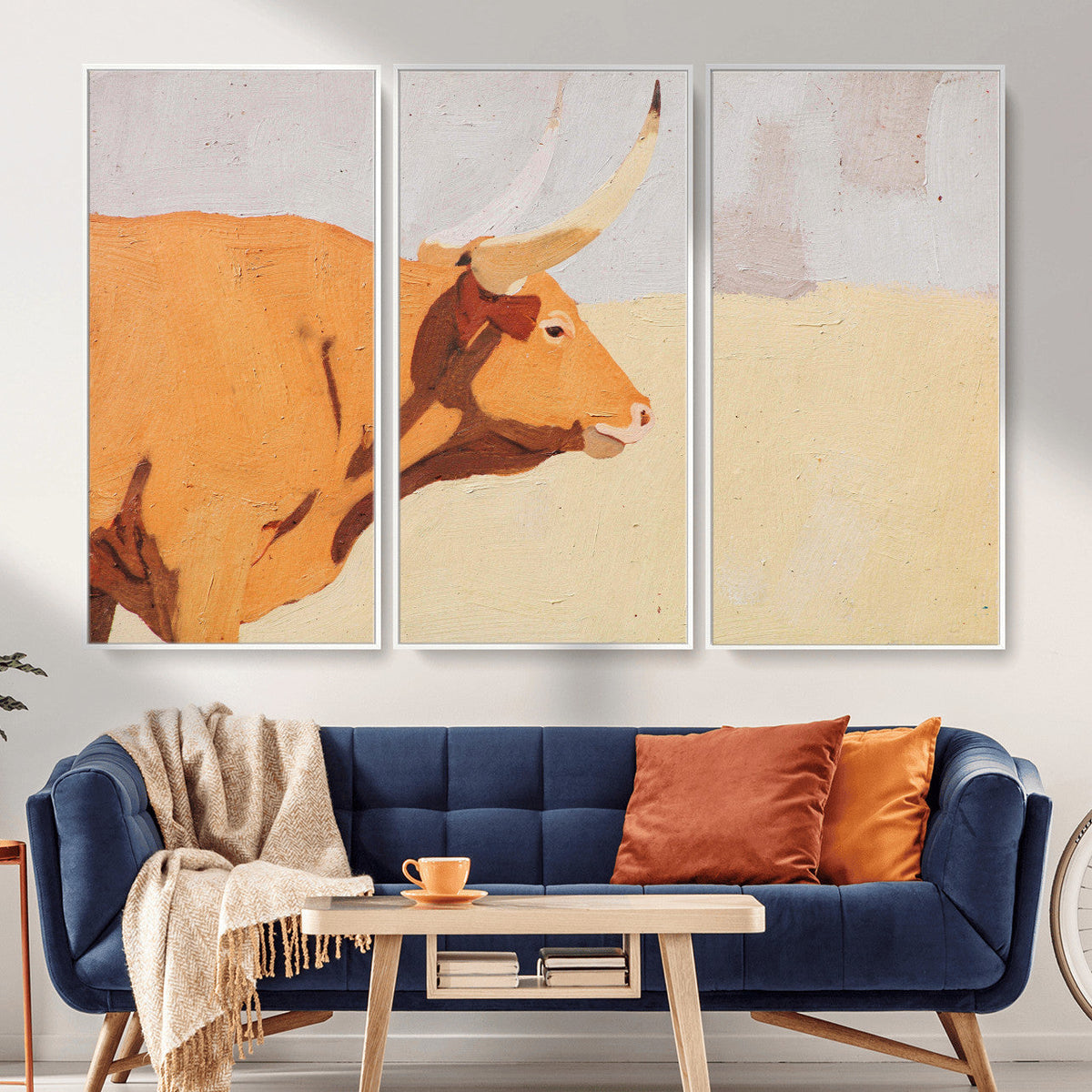 Minimal Longhorn Bull Wall Art Canvas Print, Neutral Western