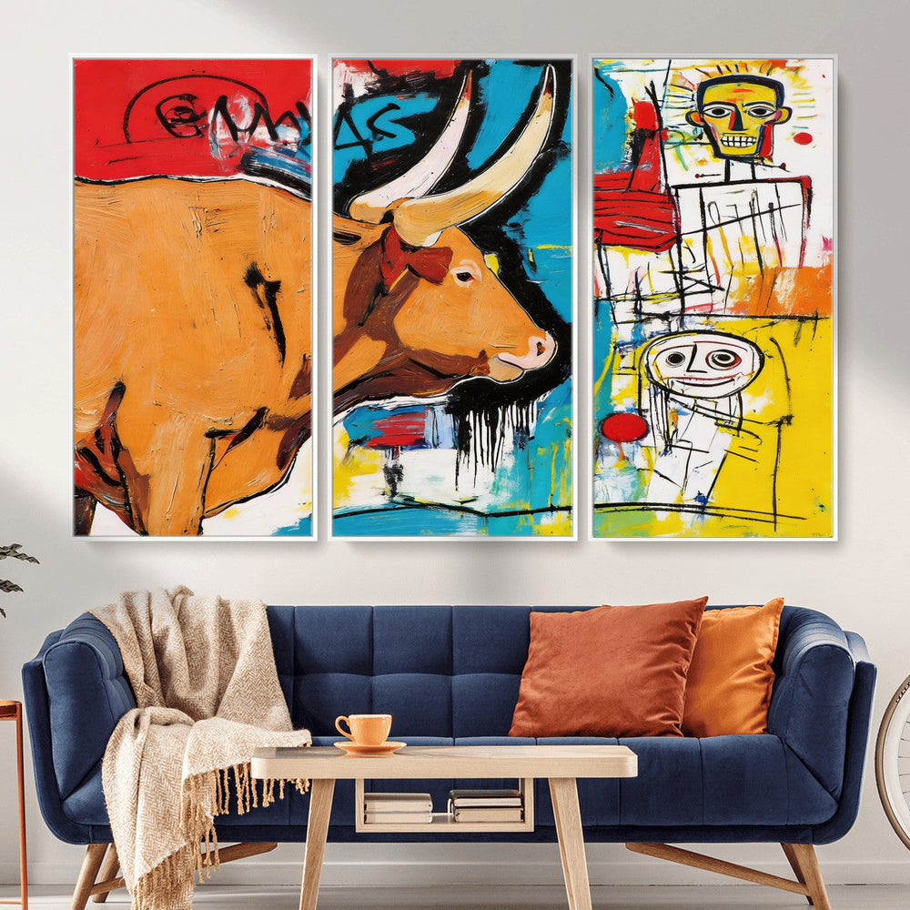 Basquiat Style Bull Graffiti Wall Art Canvas Print, Street