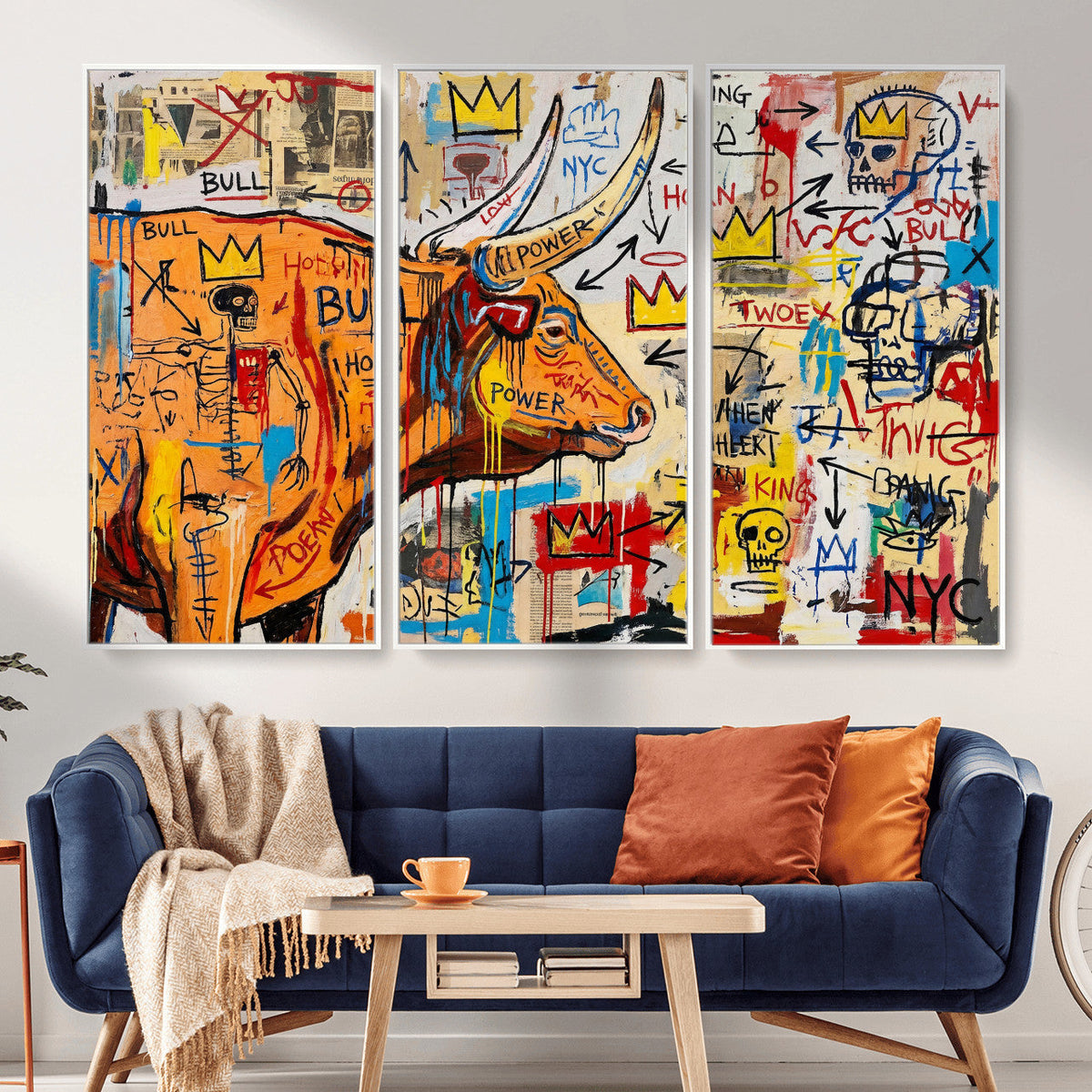 Basquiat Style Bull Graffiti Wall Art Canvas Print, Street