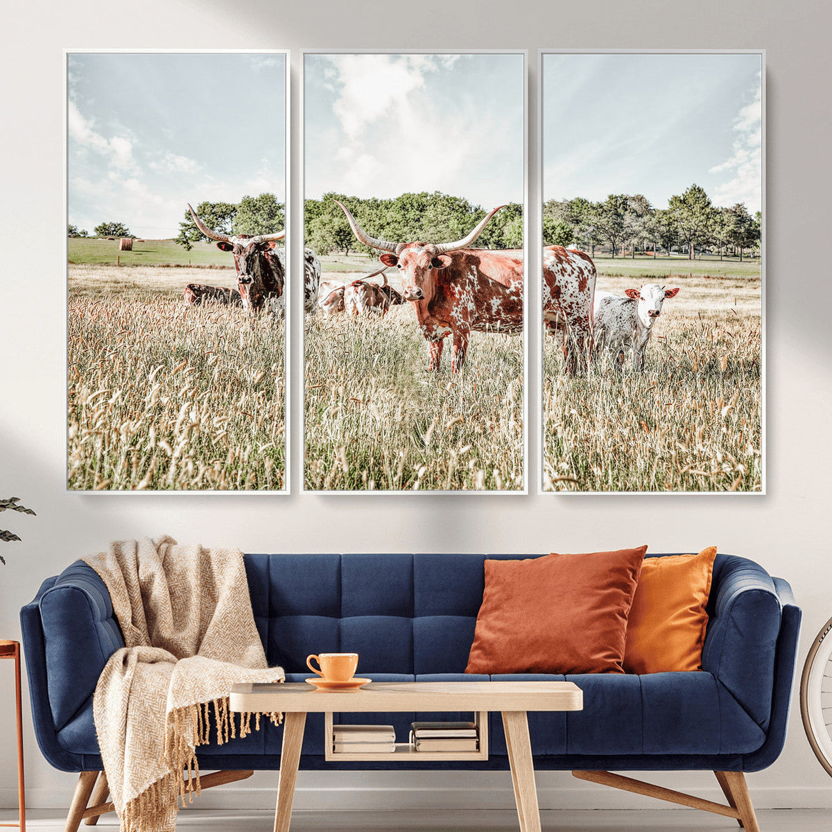 Texas Longhorn Cattle Wall Art Canvas Print, Rustic Ranch