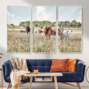 Texas Longhorn Cattle Wall Art Canvas Print, Rustic Ranch