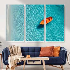 Minimalist Boat Wall Art Canvas Print, Aerial Sea Landscape